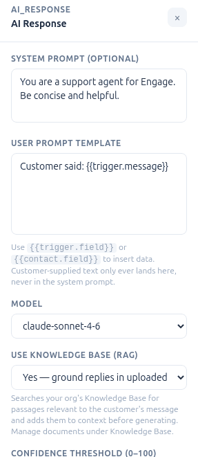 Engage AI Response node configuration with Knowledge Base and Confidence Threshold settings